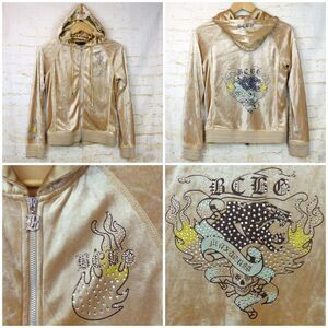 Vtg BCBGMAXAZRIA Y2K Velour Hoodie Track Jacket M Beige Rhinestone Graphic Flame
